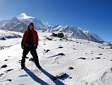 20 Jerome Ryan At Cho Oyu Intermediate Camp Early Morning With Cho Oyu And Nangpa La Behind Jerome Ryan poses in front of Cho Oyu (8201m) from Intermediate Camp (5434m). The Nangpa La is on the right.